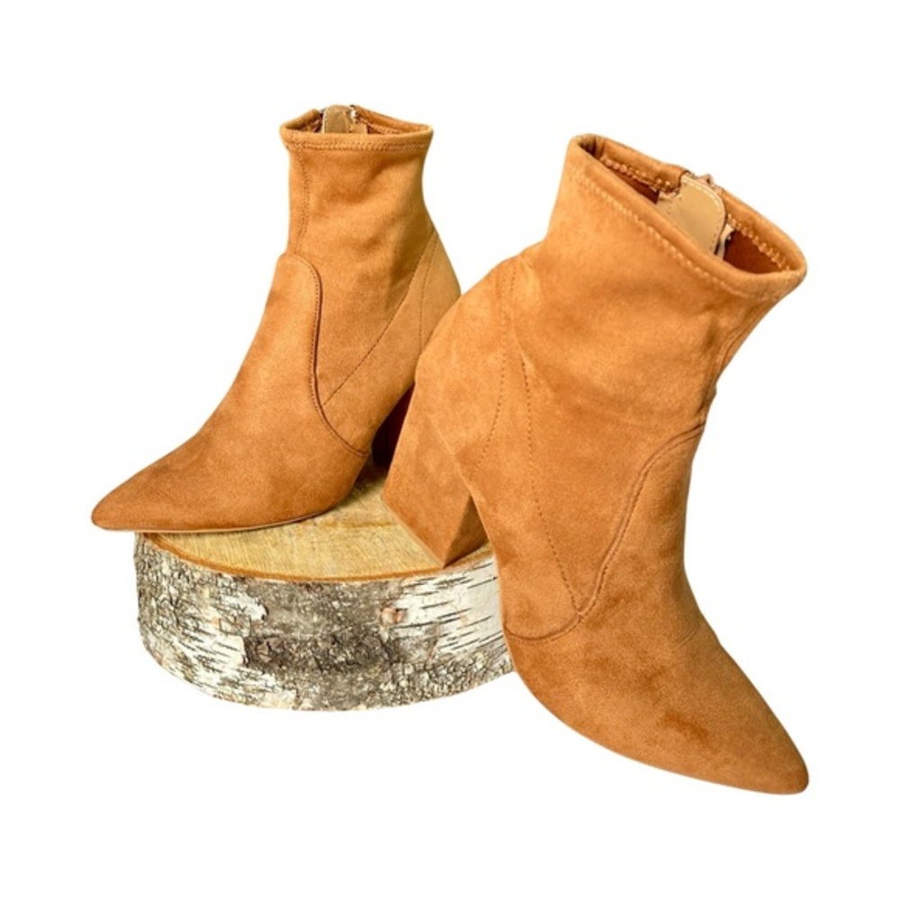 Express Cognac Faux Suede Sz8 Pointed Toe Block Heel Ankle Boots Side Zip